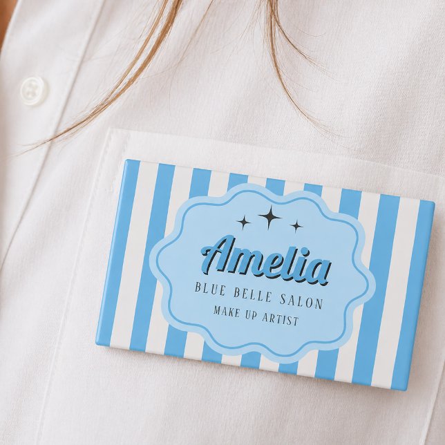 Retro Blue Striped Cosmetology  Name Tag (Retro Blue Striped Cosmetology Name Tag)