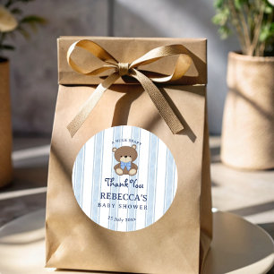 Retro blue stripes teddy bear baby shower favour classic round sticker