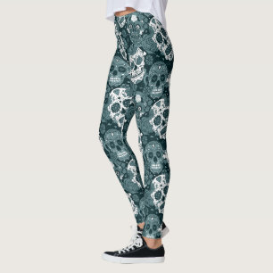 retro blue sugar skull floral ornamental pattern leggings