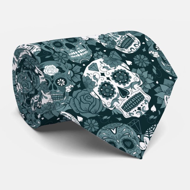 retro blue sugar skull floral ornamental pattern tie (Rolled)