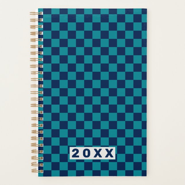Retro Blue Teal Chequerboard Planner (Front)