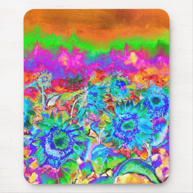 Retro blue teal florals colourful sunflower fields mouse pad (Front)