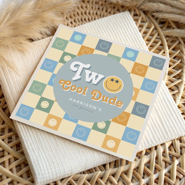 Retro Blue Two Cool Dude Boys 2nd Birthday Napkin (Creator Uploaded)
