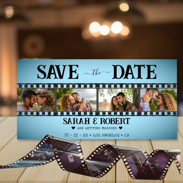 Retro Blue Vignette Photo Collage Film Strip Save The Date (Blue Retro Vignette Photo Collage Film Strip Save The Date)
