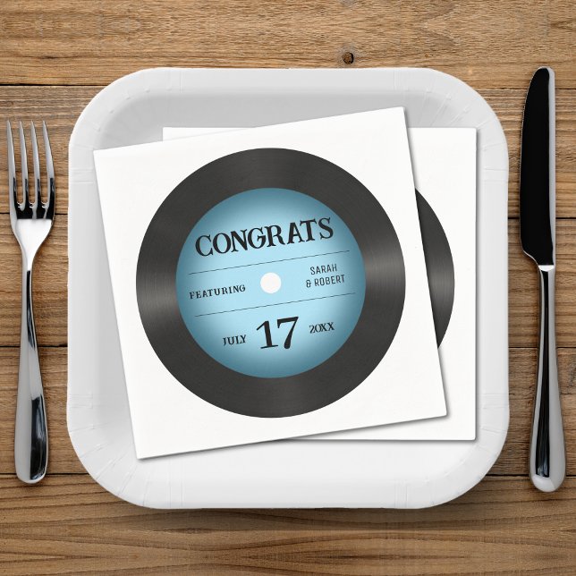 Retro Blue Vinyl Record Wedding Congratulations Napkin (Retro Blue Vinyl Record Wedding Congratulations Napkins
)