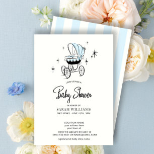 Retro Blue Watercolor Stroller Script Baby Shower Invitation