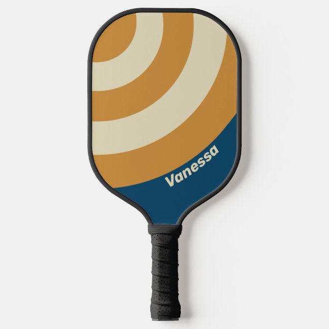 Retro Blue Wave Circle Stripe with Name Pickleball Paddle (Front)