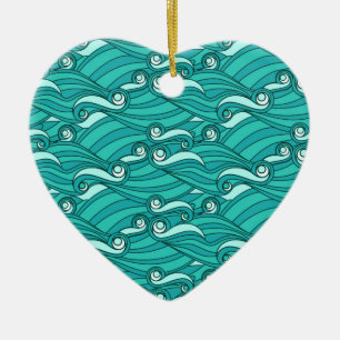 Retro blue waves doodle surf art ceramic tree decoration
