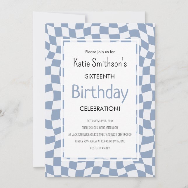 Retro Blue Wavy Check Birthday Invitation (Front)