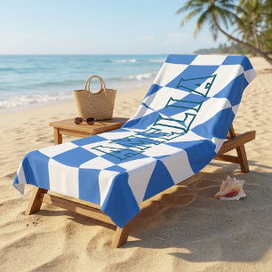 Retro Blue Wavy Chequered Custom Name Beach Towel
