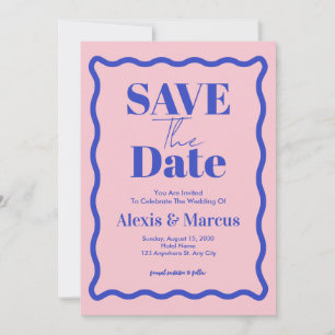 Retro Blue Wavy Squiggle Photo Wedding Save The Date