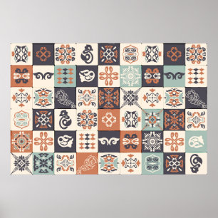 Retro Blue, white and orange Azulejos Pattern Lisb Poster