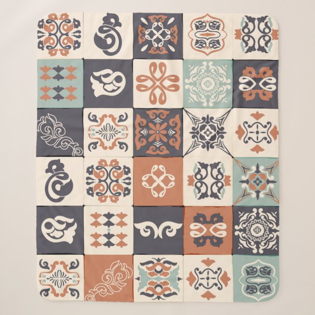 Retro Blue, white and orange Azulejos Pattern Lisb Sherpa Blanket (Front)