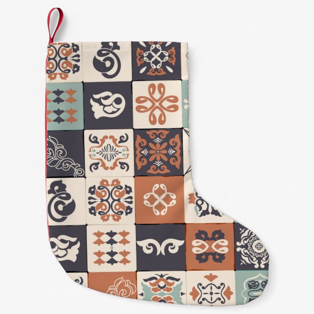Retro Blue, white and orange Azulejos Pattern Lisb Small Christmas Stocking (Front)