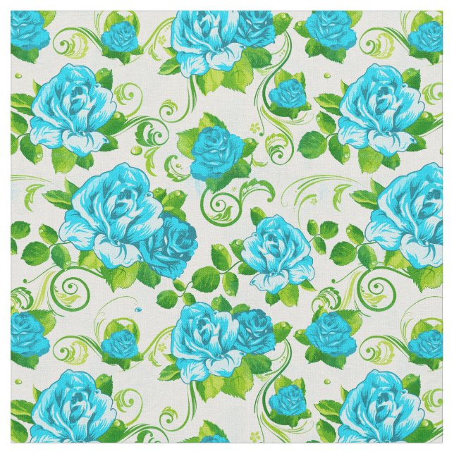 Retro Blue & White Roses Floral Pattern 2 Fabric (Close Up)