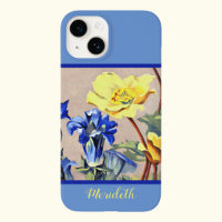 Retro Blue Yellow Alpine Gentains Botanical Art