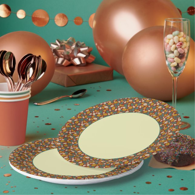 Retro Blue Yellow Brown Java Coffee Beans Pattern  Paper Plate (Multi)