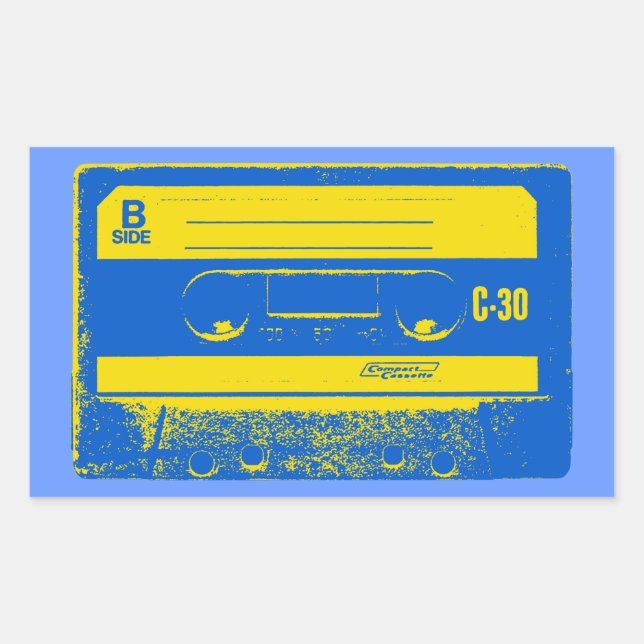 Retro Blue & Yellow Cassette Tape Rectangular Sticker (Front)