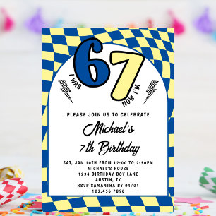 Retro Blue Yellow Checkered 6 7 Boy 7th Birthday Invitation