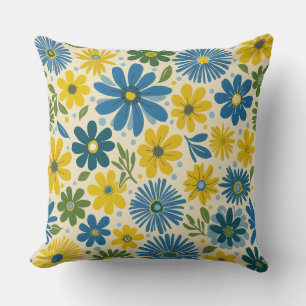 Retro Blue & Yellow Daisy Cushion
