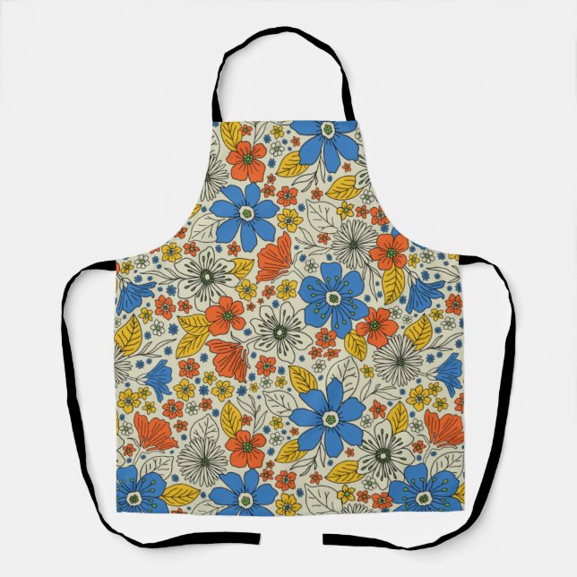 Retro Blue, Yellow & Orange Floral Apron (Front)