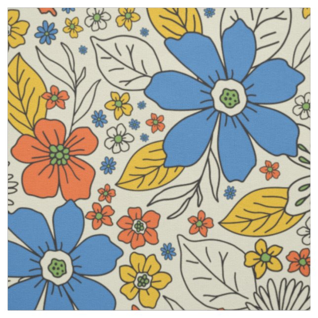 Retro Blue, Yellow & Orange Floral Fabric (Swatch)