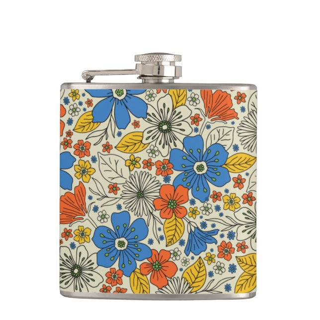 Retro Blue, Yellow & Orange Floral Hip Flask (Front)
