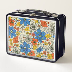 Retro Blue, Yellow & Orange Floral Metal Lunch Box