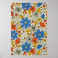 Retro Blue, Yellow & Orange Floral