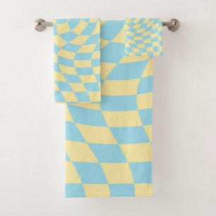 Retro Blue Yellow Pastel Warped Chequerboard  Bath Towel Set