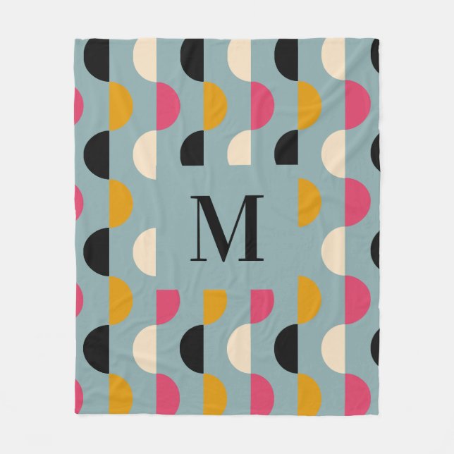 Retro blue yellow pink circle pattern fleece blanket (Front)