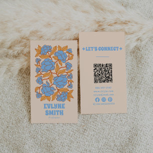 Retro Blue Yellow QR Code Groovy Floral Funky Boho Business Card