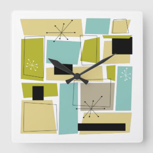 Retro Blue Yellow Squares Mid Century Modern Squar Square Wall Clock