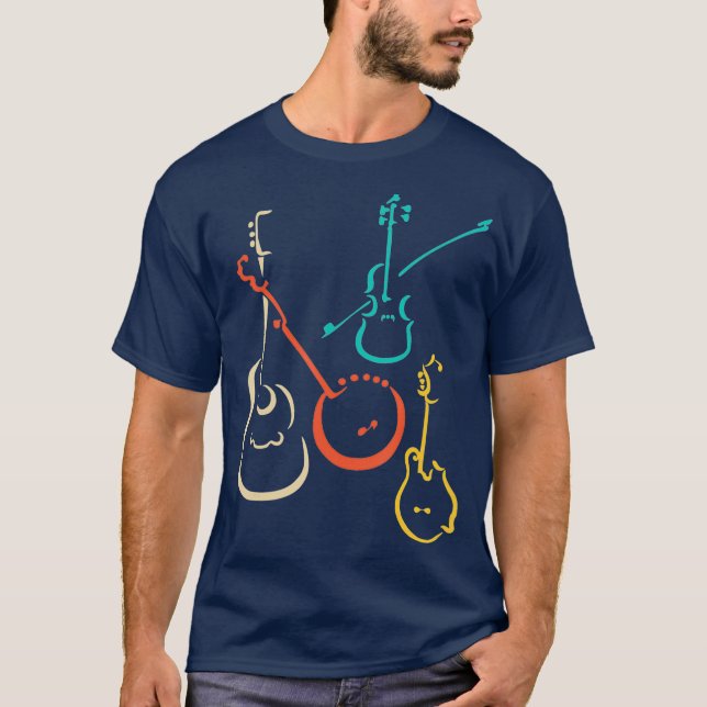 Retro bluegrass guitars banjos fiddles mandolins T-Shirt (Front)