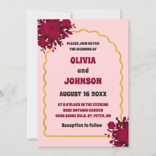 Retro Blush Burgundy Floral Gold Arch Frame Invitation