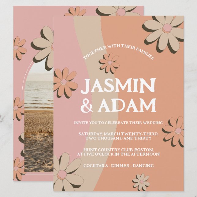 Retro Blush Daisy Photo Wedding Invitation (Front/Back)