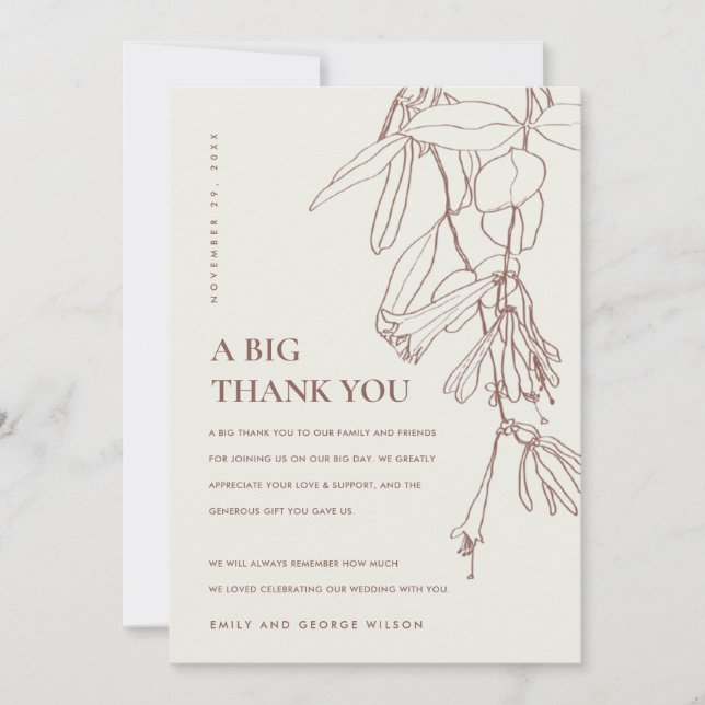 RETRO BLUSH OFF WHITE LINE DRAWING FLORAL WEDDING THANK YOU CARD (Front)