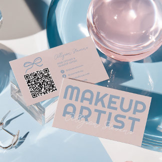 Retro Blush Pink Powder Blue Makeup Artist QR Code Business Card