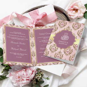 Retro Blush Pink Purple Gold Damask Muslim Wedding Invitation