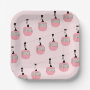 Retro Blush Pink Ski Gondola Lift Skiers  Paper Plate
