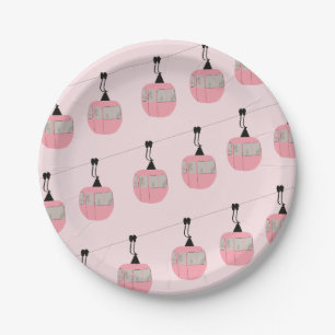 Retro Blush Pink Ski Gondola Lift Skiers  Paper Plate