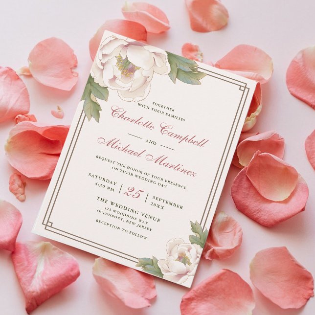 Retro Blush Pink Wedding Peony Rose Floral  Invitation (Creator Uploaded)
