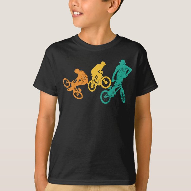 Retro BMX biker race bike tricks stunts T-Shirt (Front)