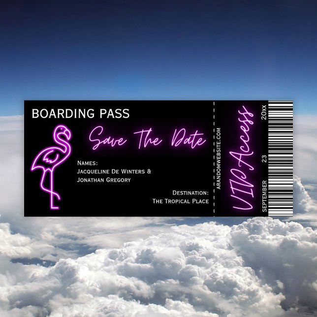 Retro Boarding Pass Neon Flamingo Save The Date Invitation (Creator Uploaded)