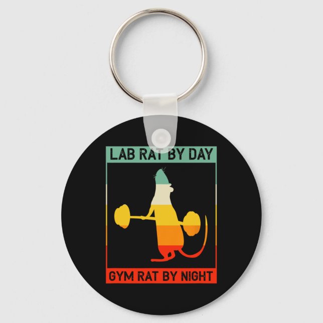 Retro Bodybuilding Lab Rat By Day Gym Rat By Night Key Ring (Front)