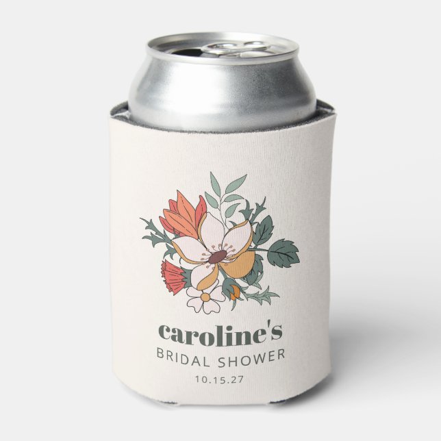 Retro Bohemian Floral Nouveau Bridal Shower Custom Can Cooler (Can Front)