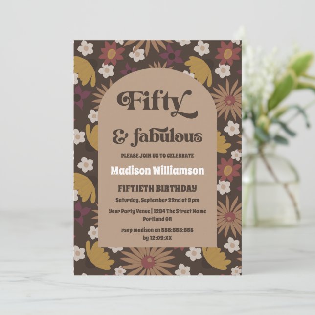 Retro Boho 1970s Floral 50 & Fabulous Birthday Inv Invitation (Standing Front)