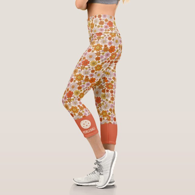 Retro Boho 70s Floral Pattern Custom Pickleball Capri Leggings (Left)