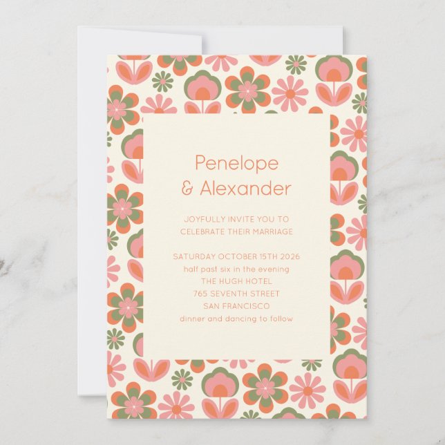 Retro Boho 70s Flowers Pink Green Wedding  Invitation (Front)
