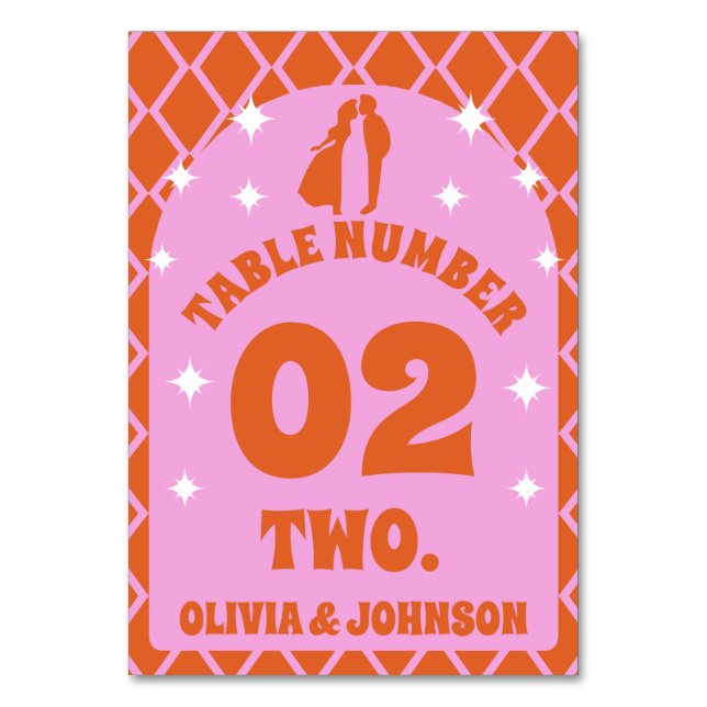 Retro Boho Arch Pink Orange Couple's Photo Table Number (Front)